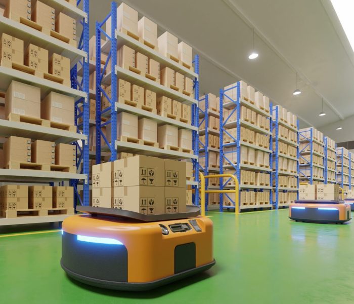 Interior of warehouse in logistic center with Automated guided vehicle Is a delivery vehicle.